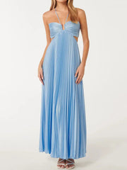 Solid Color Pleated Bandage Spaghetti-Neck Elegant Satin Maxi Dresses