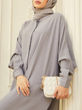Buttoned Muslim Solid Color Split-Side Batwing Sleeves Loose Round-Neck Muslim Abaya Maxi Dresses