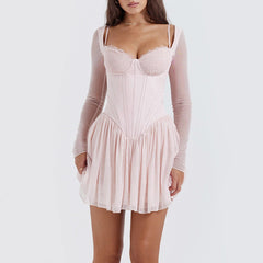 Romantic Pink Bustier Long Sleeve Fit Corset Mini Dress