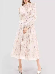 Floral Printed Long Sleeves Ruffled Elegant Chiffon Maxi Dresses