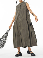 Pleated Solid Color Loose Sleeveless Stand Collar Shirt Dress Midi Dresses
