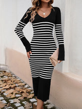 Contrast Color Striped Long Sleeves Loose V-Neck Sweater Dresses Midi Dresses