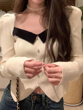 Contrast Color Splice Pearl Breasted Slit Knit Sweater