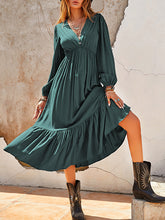 Vacation Puff Sleeves A-Line Solid Color Deep V-Neck Midi Dresses