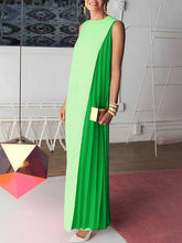 Asymmetric Contrast Color Pleated Split-Joint Loose Sleeveless Round-Neck Maxi Dresses