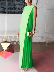 Asymmetric Contrast Color Pleated Split-Joint Loose Sleeveless Round-Neck Maxi Dresses
