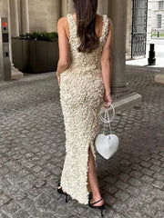 3D Flower Sleevless V-Neck Elegant Wrap Maxi Dresses