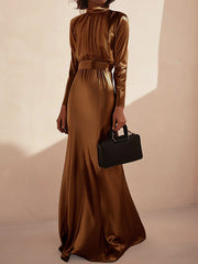 Pleated Shiny Solid Color Split-Joint Tied Waist Long Sleeves Loose High Neck Maxi Dresses Evening Dresses