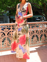 Flower Printed Sleeveless V-Neck Elegant Mermaid Maxi Dresses