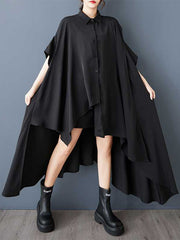Asymmetric Buttoned Pockets Solid Color A-Line Half Sleeves Lapel Shirt Dress Midi Dresses