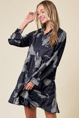 Black Leopard Print Button-up Long Sleeve Casual Dress