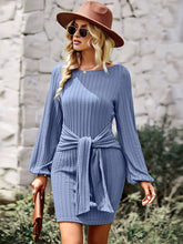Vacation Puff Sleeves Lace-Up Solid Color Round-Neck Dress