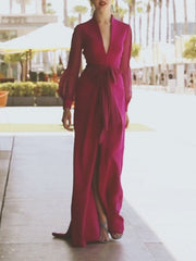 Skinny Wrap Bandage Solid Color Split-Front Zipper V-Neck Maxi Evening Dresses