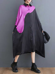Asymmetric Buttoned Contrast Color Split-Joint Batwing Sleeves Loose Lapel Midi Dresses