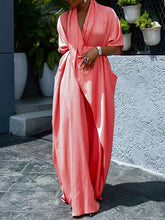 Asymmetric Pleated Solid Color Split-Joint Loose Short Sleeves V-Neck Shirt Dress Maxi Dresses