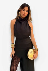 Halter neck top + tassel skirt suit