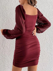 Gauze Pleated See-Through Solid Color Split-Joint Loose Puff Sleeves Square-Neck Mini Dresses Evening Dresses