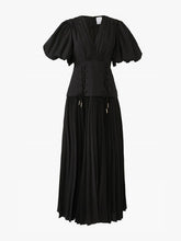 Solid Color Puff Sleeves Pleated High-Waisted Elegant Maxi Dresses