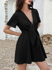 Elasticity Knot Pleated Solid Color A-Line Loose Deep V-Neck Mini Dresses