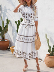 Buttoned Tied Waist A-Line Half Sleeves Lapel Midi Dresses