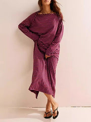 Contrast Color No Belt Split-Joint Striped Long Sleeves Loose Round-Neck Maxi Dresses