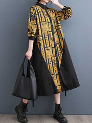 Asymmetric Contrast Color Printed Warp Knitting A-Line Long Sleeves Lapel Shirt Dress Midi Dresses