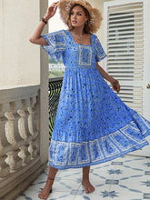 Bohemia Puff Sleeves Floral Printed U-Neck Maxi Dress