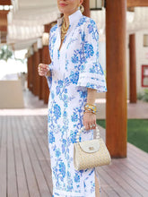 Flared Sleeves Loose Flower Print Split-Joint Split-side Deep V-Neck Midi Dresses