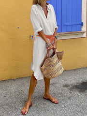 Buttoned Solid Color Split-Side Half Sleeves Loose Lapel Shirt Dress Midi Dresses