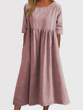 Pleated Pockets Solid Color A-Line Half Sleeves Round-Neck Midi Dresses