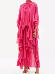 Solid Color Tiered Loose Raglan Sleeve Stand Collar Maxi Dresses
