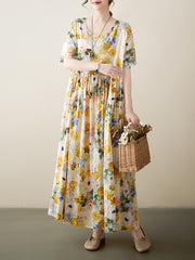 Floral Printed A-line Loose Round-neck Midi Dresses