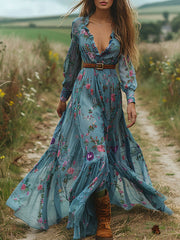 Vintage Floral Long Sleeves Ruffled Maxi Dresses