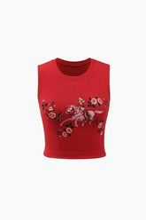 Flower & Cowgirl Graphic Cut-Out Tank Top