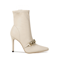 Gold Chain Detail Pointed-Toe Ankle White Boots