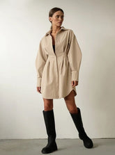 Beige Pleated Waist Mini Shirt Dress