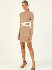 Ribbed Long Sleeve Cutouts Mini Dress