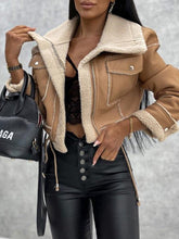 new lamb wool short coat zipper motorcycle style PU Leather jacket with pockets Fuzzy Leather Jacket