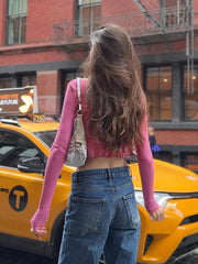 U-shaped collar Y2K irregular ruffled slim long-sleeved crop top