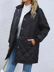Button Waist Quilted Fur Collar Lapel Jacket