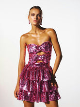 New party dress hollow pleated bow square sequined sexy short tube top dress