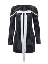 New style French square neck bow tie temperament striped long-sleeved Sexy Mini dress