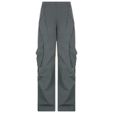 Solid zip-up low rise cargo pocket wide leg pant