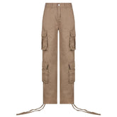 Drawstring solid low rise cargo pocket jeans