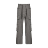 Tie waist pocket button solid straight leg cargo jeans