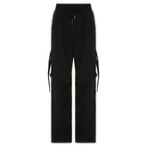 Drawstring solid cargo pocket wide leg pant