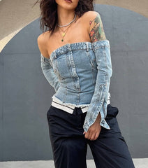 Denim Corset Top With Separate Long Sleeves