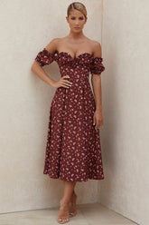 Burgundy Off The Shoulder Cottagecore Dress