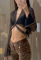 Mesh Long Sleeve Crop Blouse