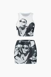 Portrait Print Tank Top And Mini Skirt Set